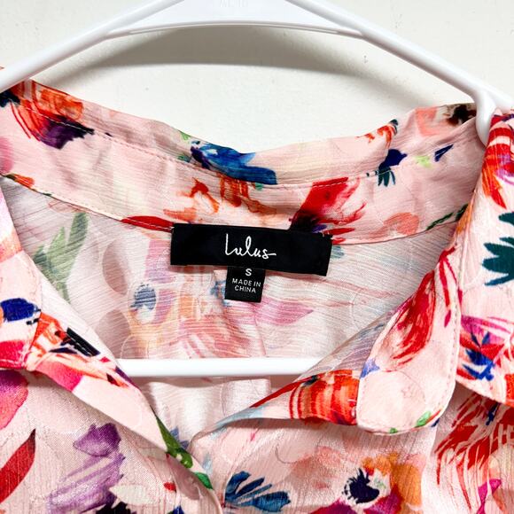 Lulus Women Summertime Fun Blush Pink Floral Button-Up Short Sleeve Top Small - Picture 3 of 4